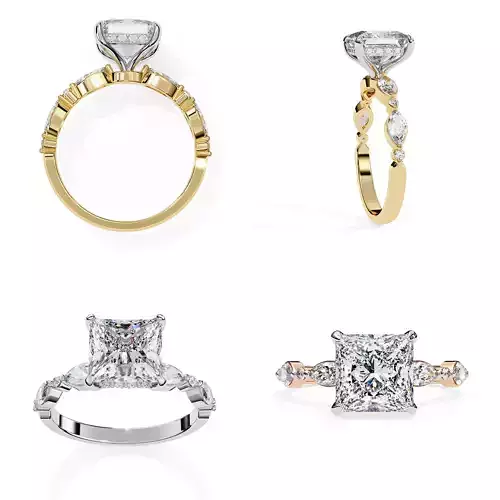 Princess Cut Solitaire Ring with Marquise Accents 3DM STL Files