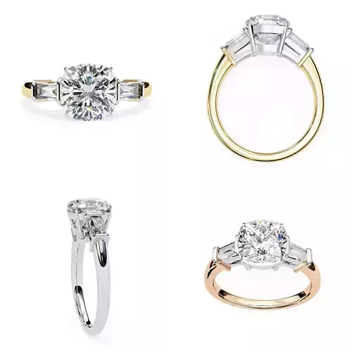 Cushion Cut Three-Stone Engagement Ring 3DM STL Files