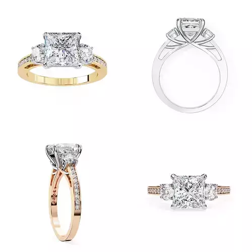 Princess Cut Three-Stone Diamond Ring CAD Design 3DM STL Files