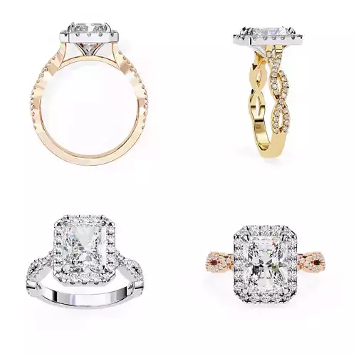 Radiant Cut Halo Diamond Ring with Twisted Shank 3DM STL Files