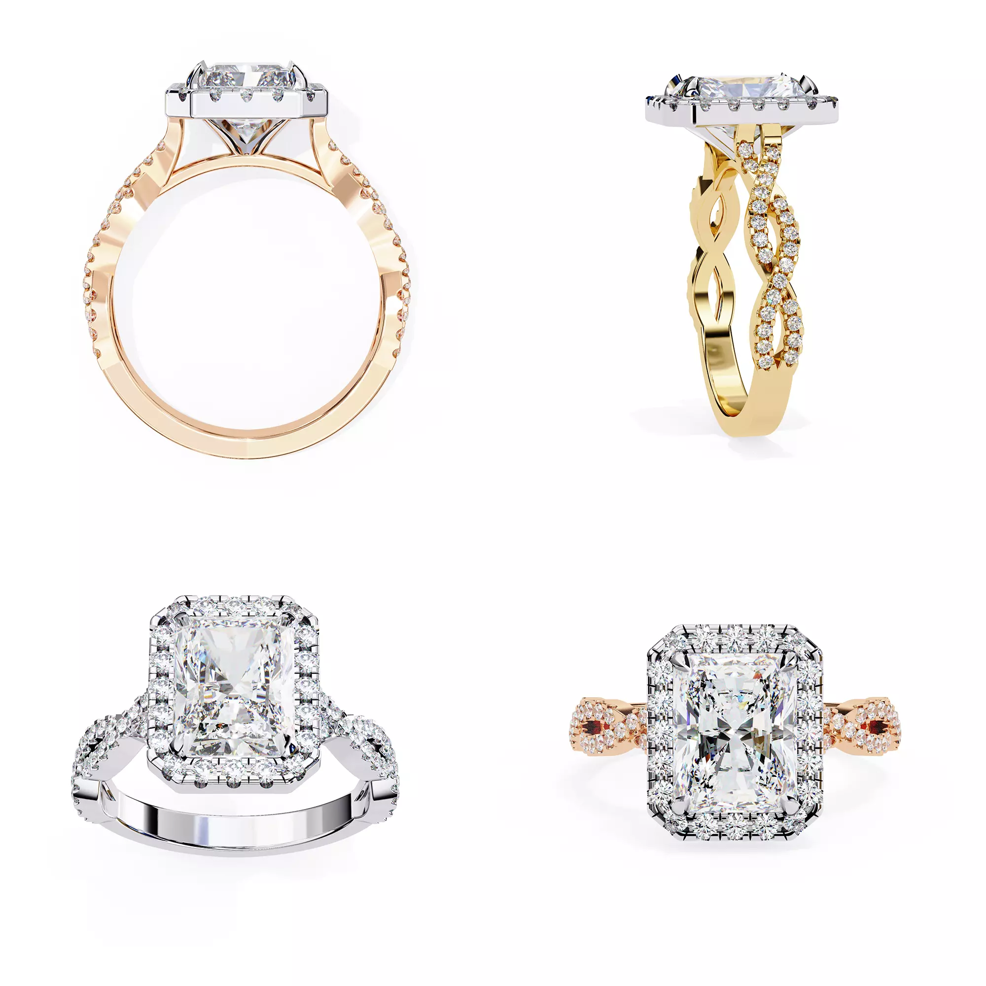 Radiant Cut Halo Diamond Ring with Twisted Shank 3DM STL Files 3D print model