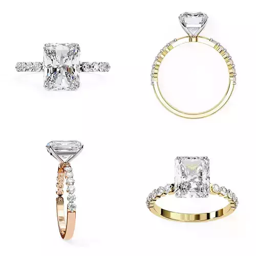 Radiant Cut Solitaire Diamond Ring with Pave Shank 3DM STL Files