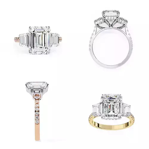 Emerald Cut Three-Stone Diamond Ring CAD Design 3DM STL Files
