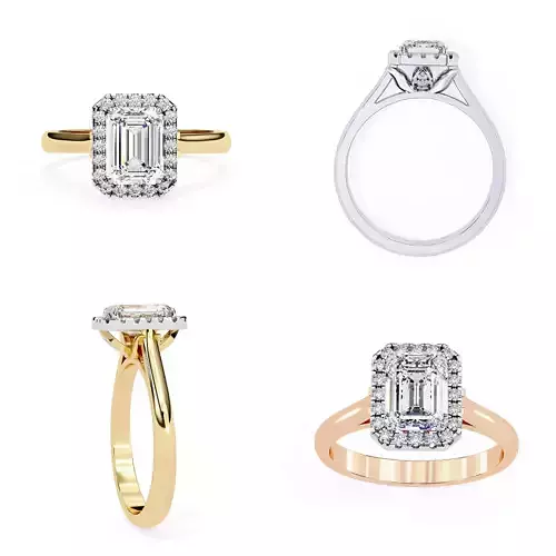 Emerald Cut Halo Solitaire Diamond Ring 3DM STL Files