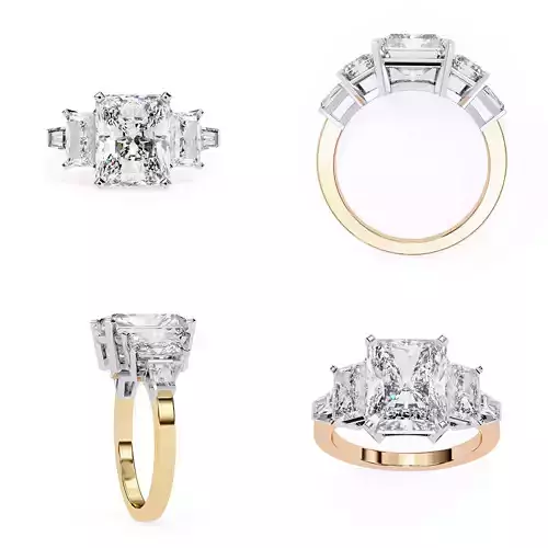 Radiant Three-Stone Engagement Ring CAD Model 3DM STL Files