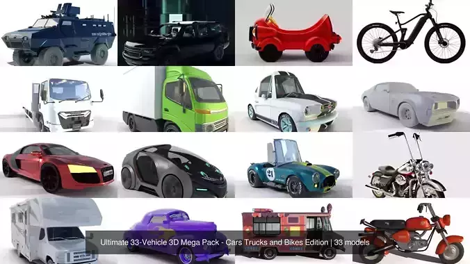 Ultimate 33-Vehicle 3D Mega Pack - Cars Trucks and Bikes Edition