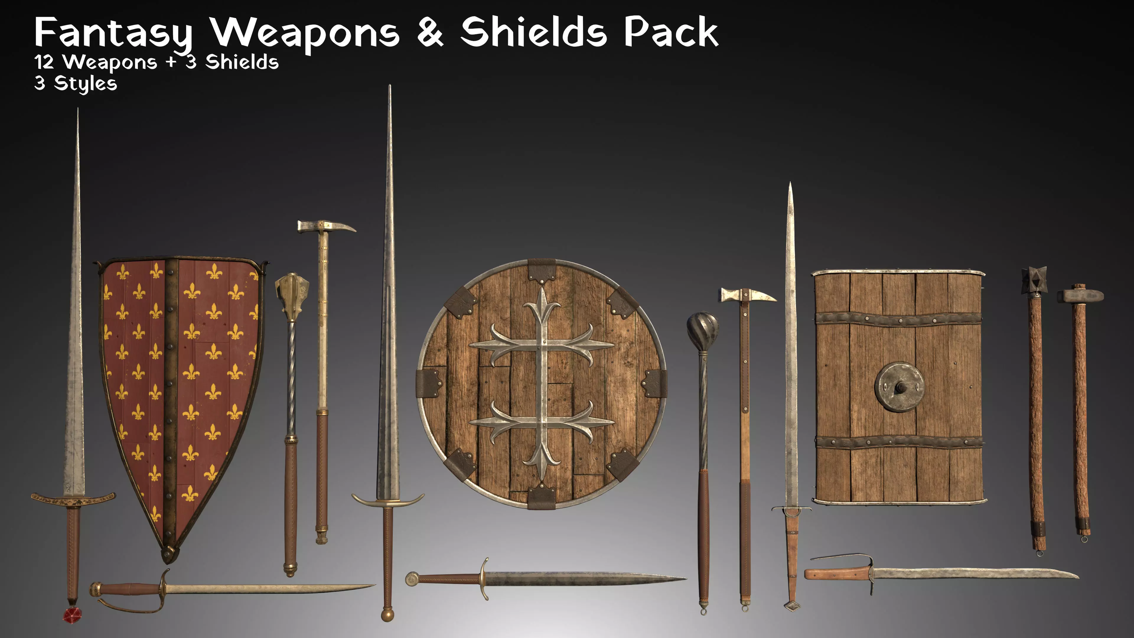 15 Fantasy Weapons and Shields Pack Low-poly 3D model
