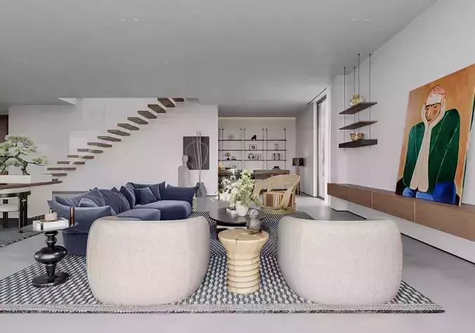 Modern medieval style living room and dining room interior