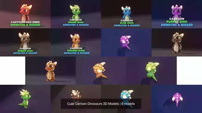 Cute Cartoon Dinosaurs 3D Models