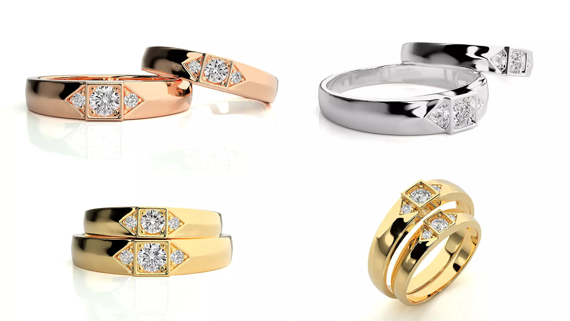 Elegant Diamond Couple Band Set 3DM STL Modern Minimal Design 3D print model