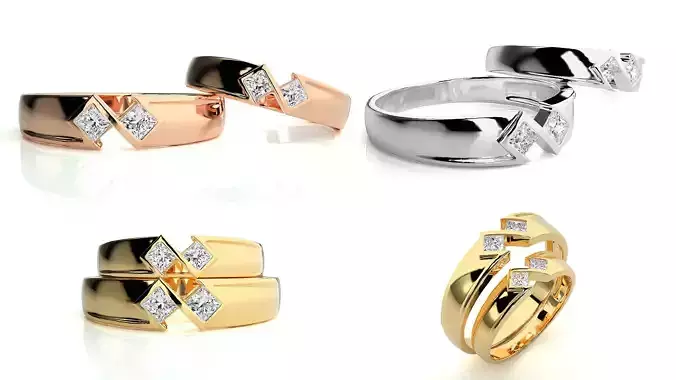 Modern Princess Diamond Couple Bands 3DM STL Matching Set