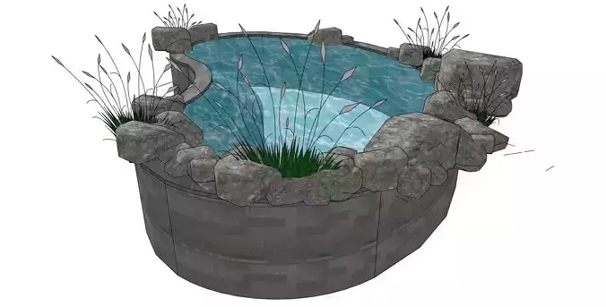 3D Rock Water Pond with Plants  Garden Water Feature