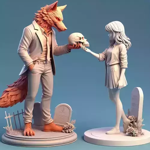 3036Color 3D Model of Confused Werewolf and Brave Girl