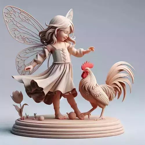 3037  Color 3D Model of a Fairy Playing with a Rooster