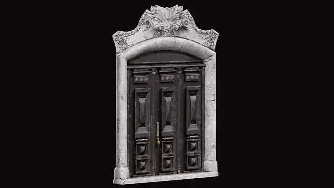 Wooden Door With a Big Concrete Ornament