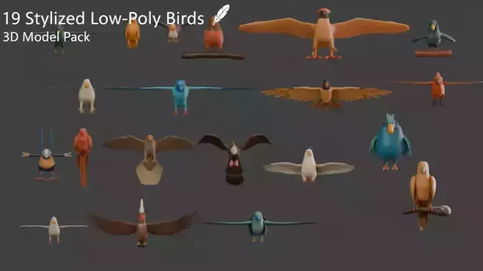 19 Stylized Bird Models Pack Low Poly Parrot Collection