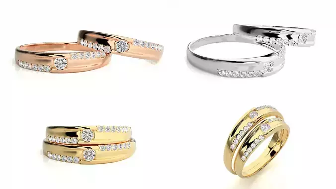 Diamond Line Couple Rings Set Printable 3D CAD Jewelry Model