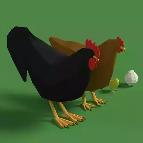 Low Poly Rooster Hen Chicken Egg Set Low-poly 3D model