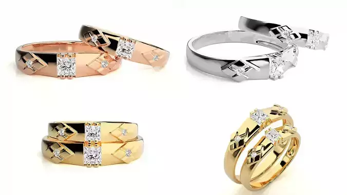 Geometric Diamond Couple Ring Set 3DM STL Printable CAD Model