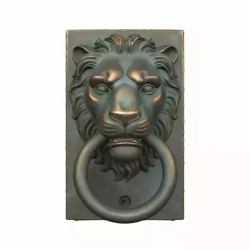 3D brass lion head door knocker verdigris patina and mounting