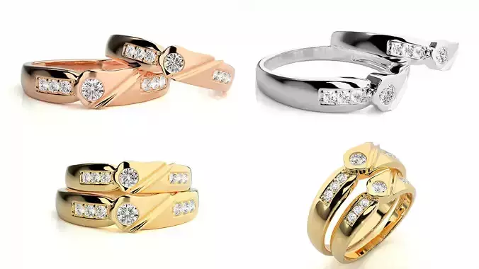 Elegant Curve Diamond Couple Ring Set 3DM STL CAD Model