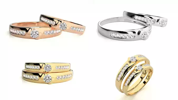 Elegant Diamond Line Couple Ring Set 3DM STL Jewelry Model