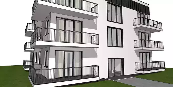Modern 4-Storey Residential Apartment Building  Low-Poly BIM 3D model 3