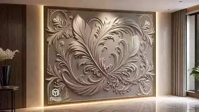 modern feather panel wall decor set relief stl mural CNC 305 3D model