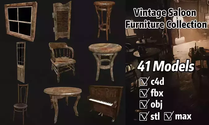 Vintage Saloon Furniture Collection 41 Rustic Western Props Low-poly 3D model