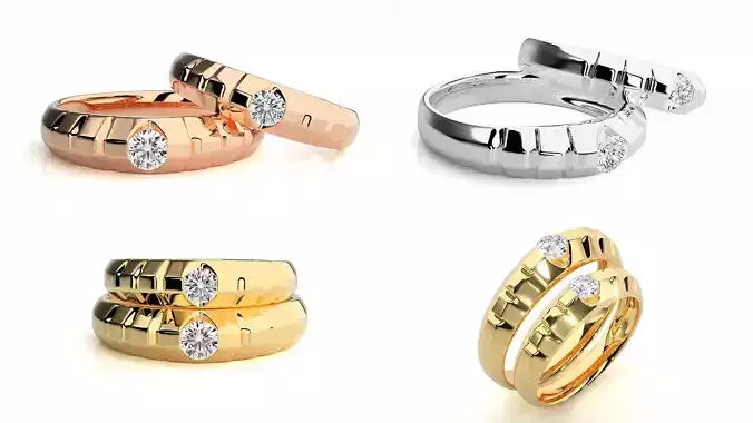 Modern Diamond Groove-Cut Couple Ring Set STL  3DM Files