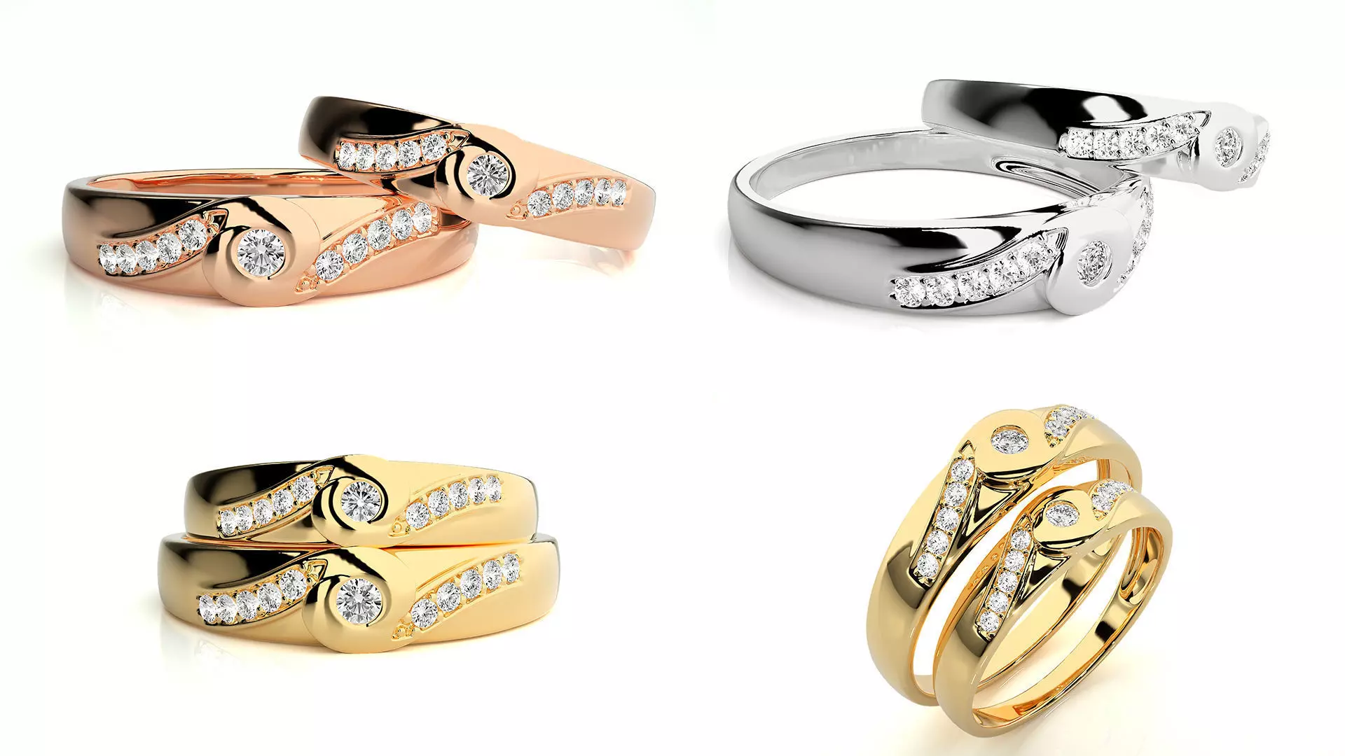 Elegant Couple Matching Diamond Ring Set 3DM and STL Files 3D print model