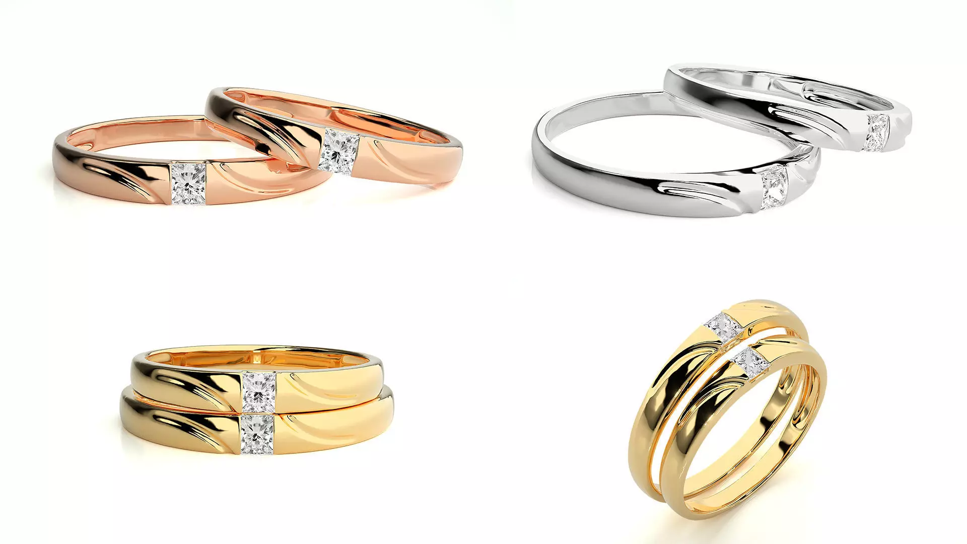 Elegant Square Diamond Couple Rings 3DM and STL Files 3D print model