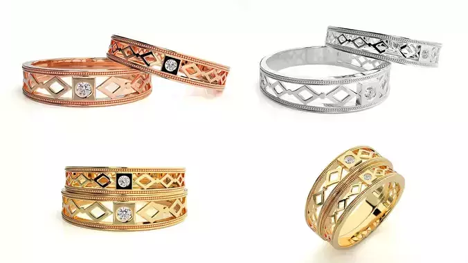 Geometric Openwork Couple Ring Set with  STL and 3DM