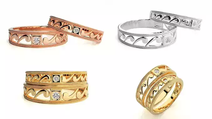 Elegant Wave Filigree Couple Ring Set 3D Model