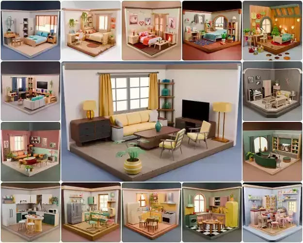 Stylized Isometric Interiors 15 Room Collection 