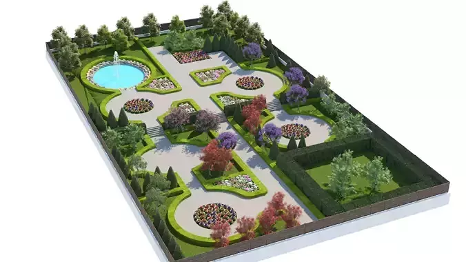 Classical Formal Garden Landscape with Fountain 3D Scene