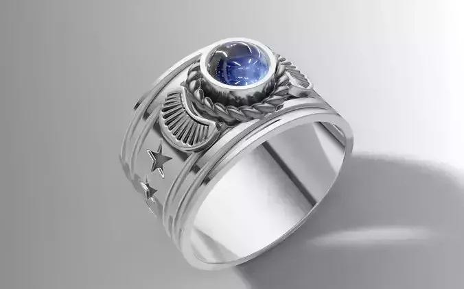 Star Engraved Mens Ring Wide Band Signet Ring STL CAD File