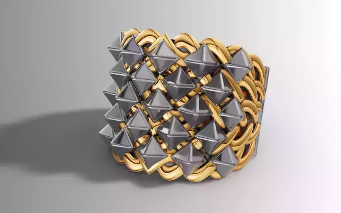 Big Pyramid Stud Ring Wide Woven Band STL CAD File