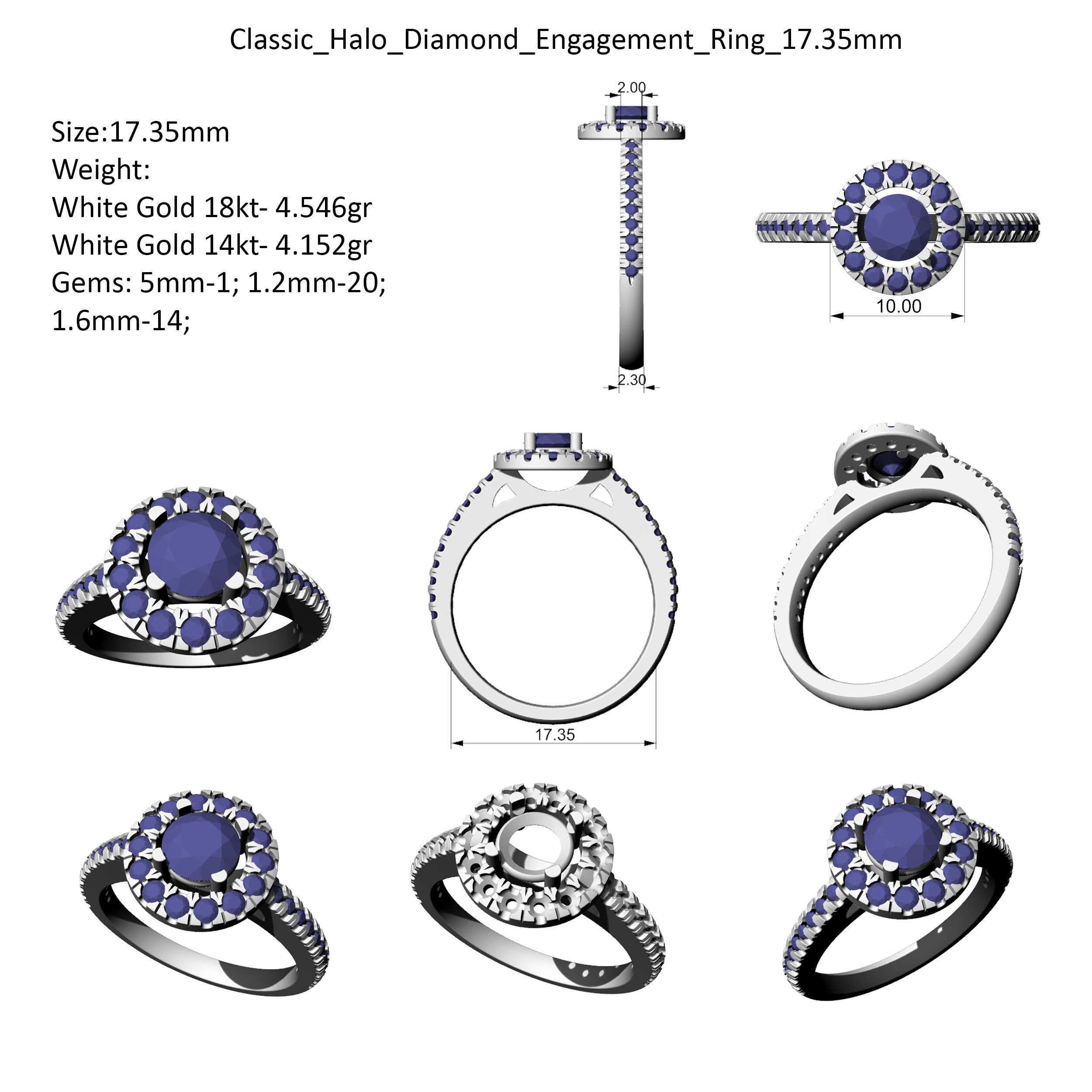 Classic Halo Diamond Engagement Ring 3D print model_2