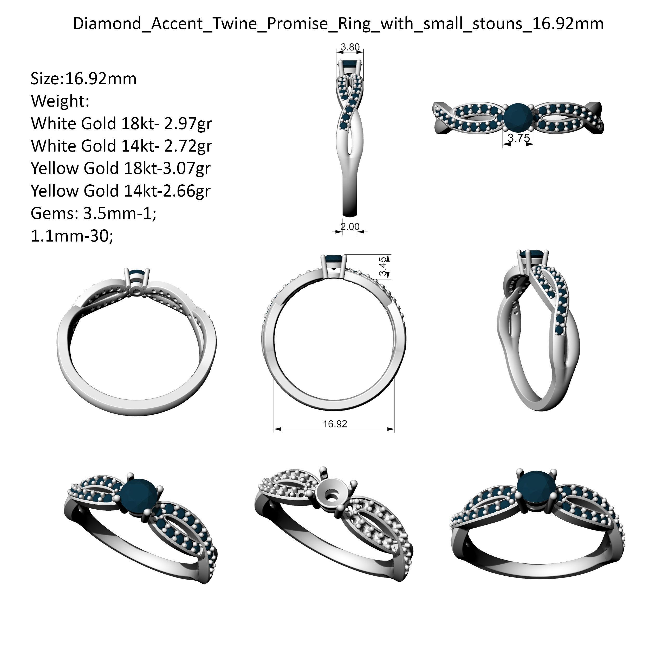 Diamond Accent Twine Promise Ring with small stones  3D print model_2