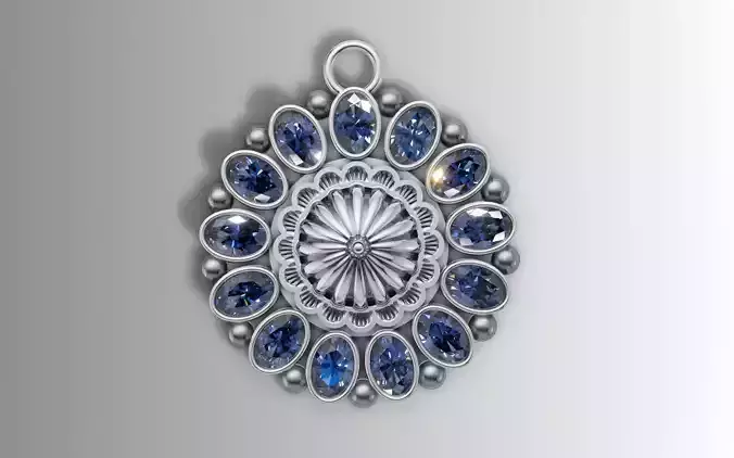 Big Oval Stone Flower Pendant Sunburst Center Design 