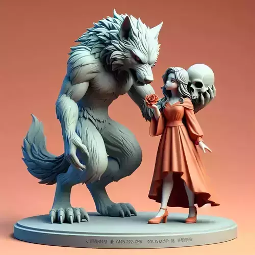 3042Colorful 3D Model of Confused Werewolf and Brave Girl