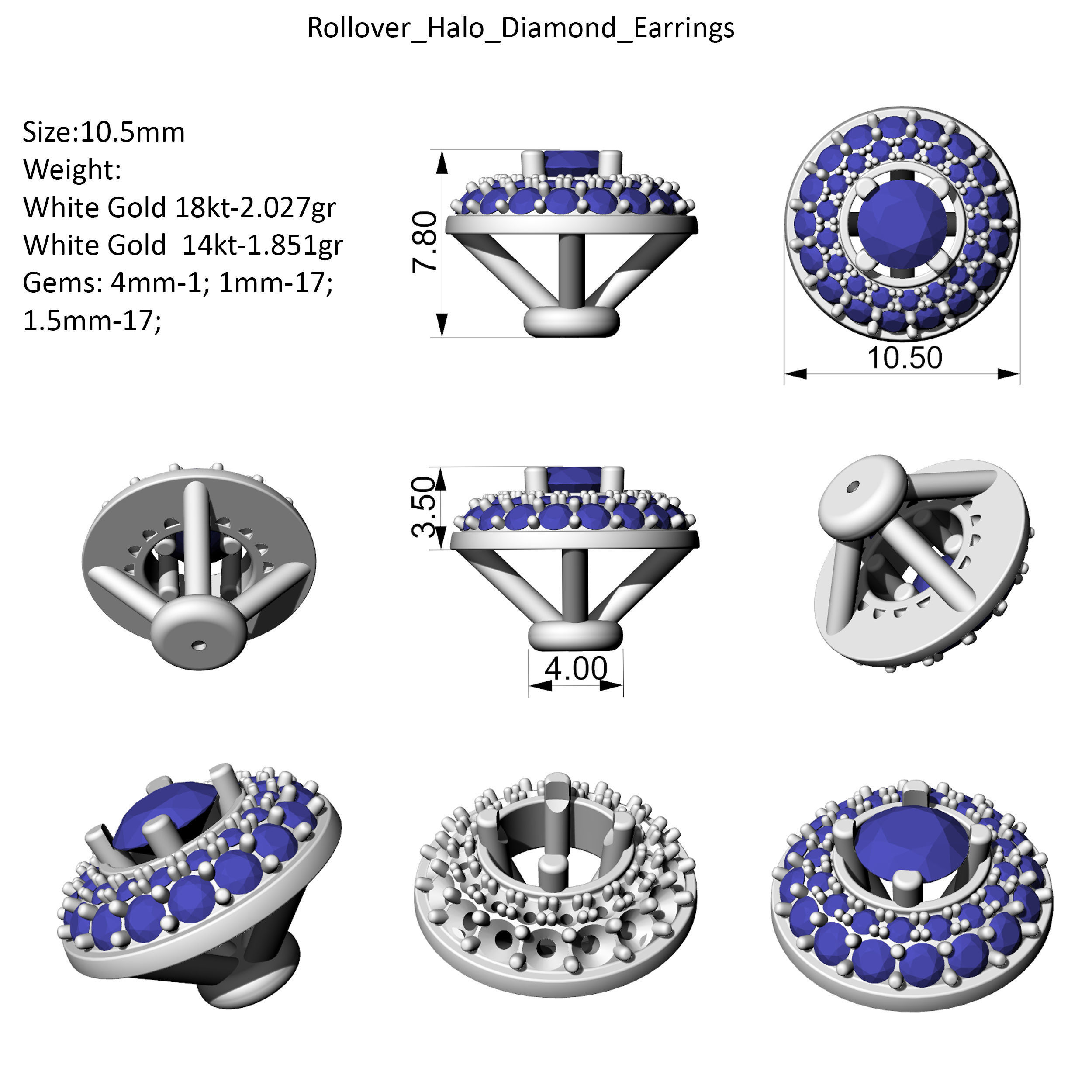 Rollover Halo Diamond Earrings 3D print model_3
