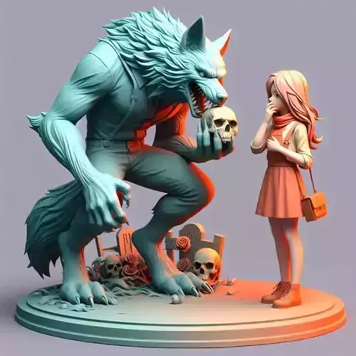 3043Colorful 3D Model of Confused Werewolf and Brave Girl