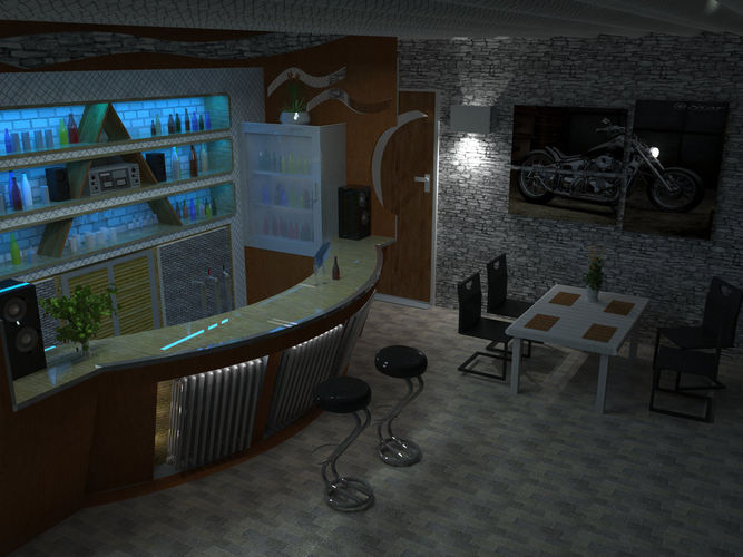 Restaurant bar in motorcycle garage Low-poly 3D model