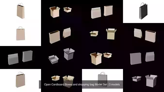 Open Cardboard Boxes and shopping bag Model Set