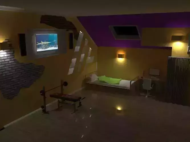 Attic room with walls and furniture