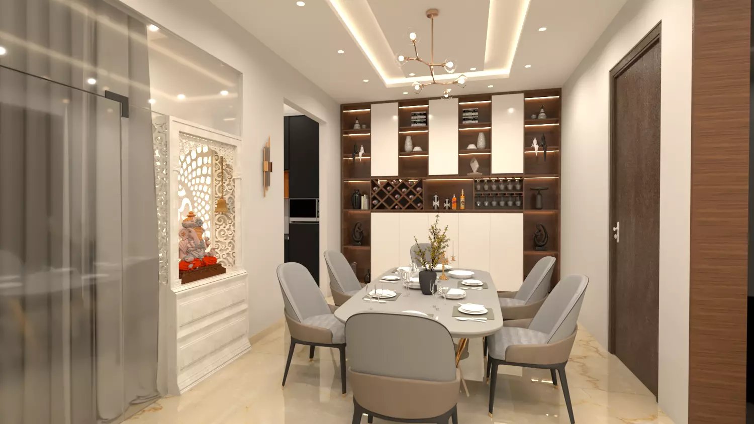 Modern Dining Area With Mandir Unit Photorealistic CG Render 3D model