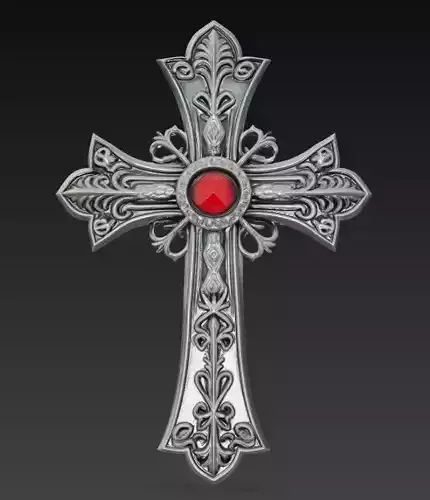 Ruby Silver Cross - Ornamental Gothic Religious 3D Model