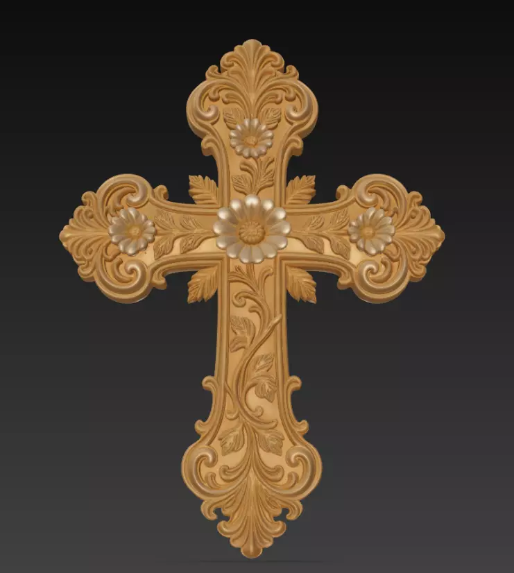 Golden Bloom Cross - Ornamental Floral Religious 3D Model 3D print model